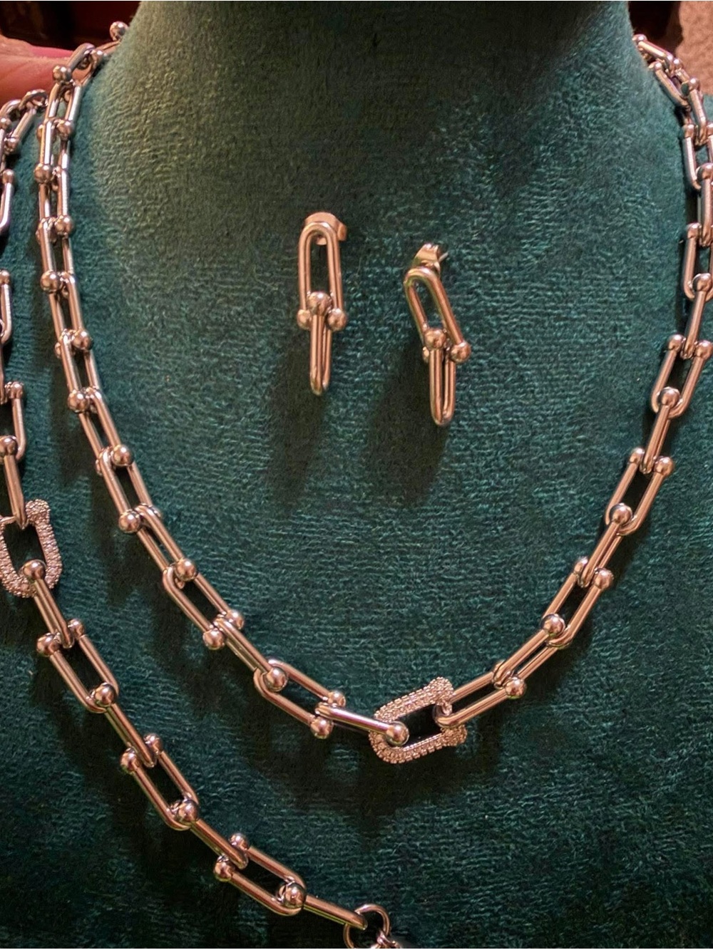 Polished Silver Link Necklace and Matching Hoop-Style Earrings - Silver